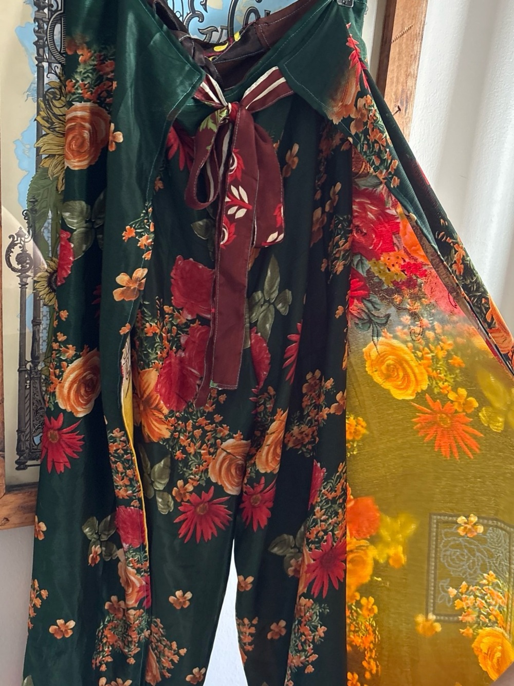 Boho Floral Yellow & Green Reversible Tie Silk Pants - Picture 6 of 6